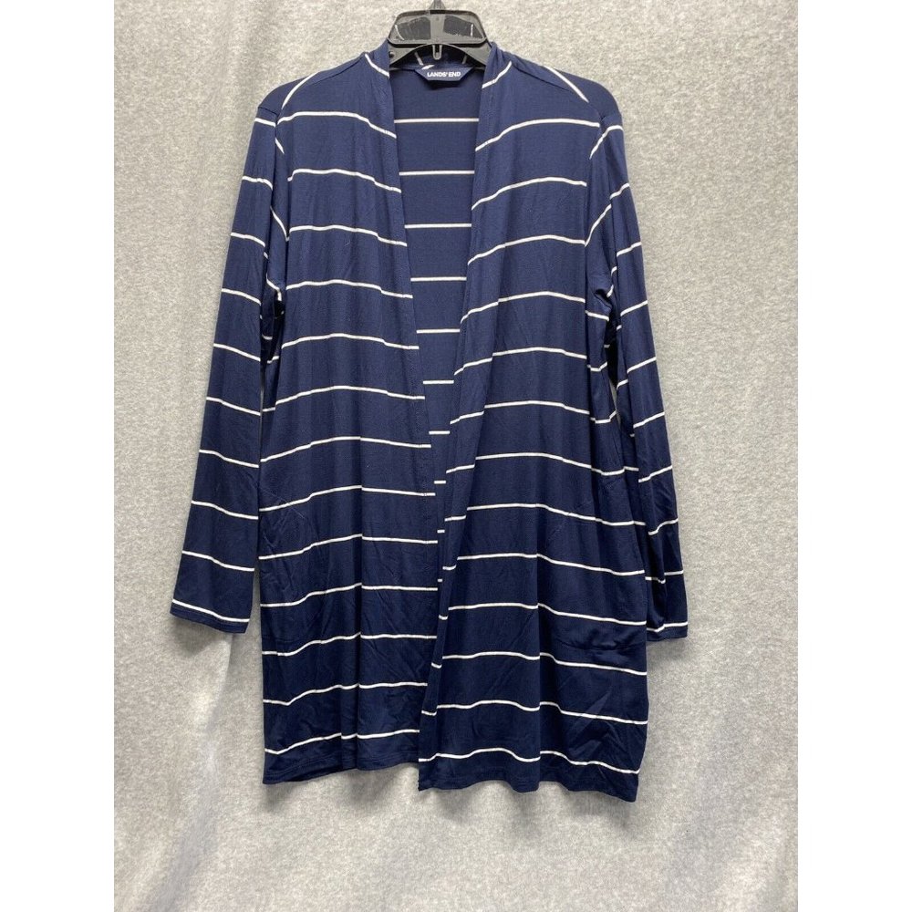 Lands End Womens Cardigan Long Sleeve Navy Blue/White Stripe Open Front Size M - Picture 1 of 8